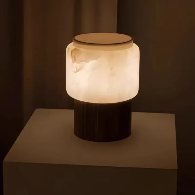 Handmade Natural Alabaster Table Lamp Solid Walnut Base Wabi Sabi Style Stone Bedside Light for Bedroom Home Decoration
