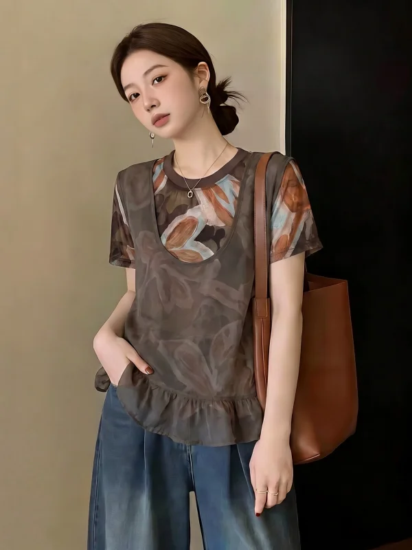 

Café Brown Short Sleeve Chiffon Vest Shirt Women's Fashion Anti-Aging Shoulder Length Summer New plus Size Fake Two-Piece Top