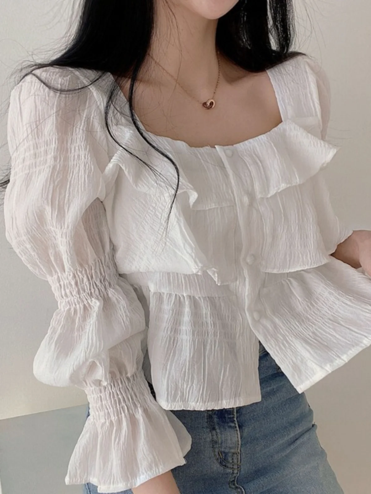 

Chic Spring Gentle Wind Square Collar Splice Loose All-Match Pure Color Flared Sleeve Shirt Women's Fashion Commute Style Lon...