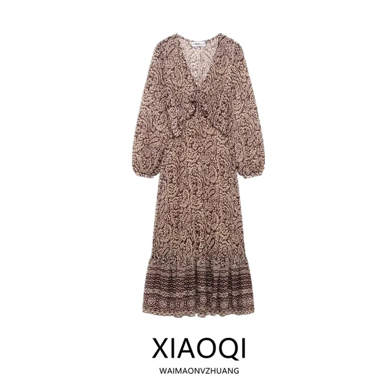 Novo Vestido Midi F Primavera 2025 com Decote em V, Decoração em Camadas, Estampa, Manga Longa, Estilo Casual, Peça Ún...