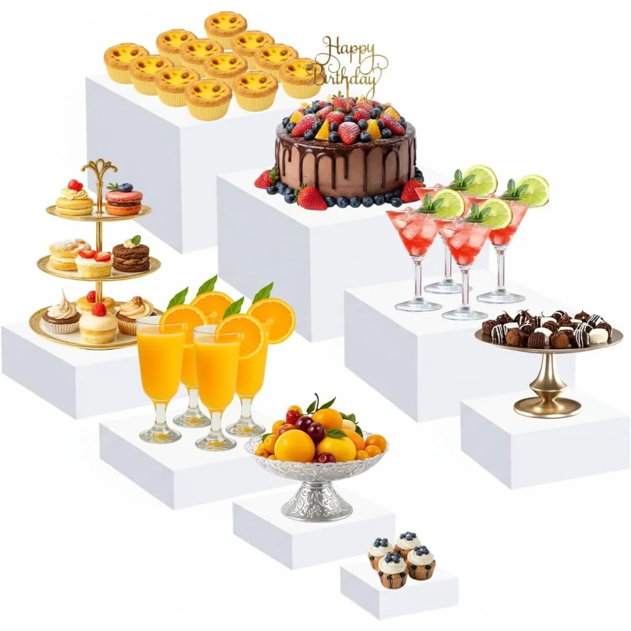 

8 Pack Acrylic Cube Risers Acrylic Boxes for Food Display Decorative Stands with Bottoms for Food Buffet Risers, 8 Sizes(Flat)