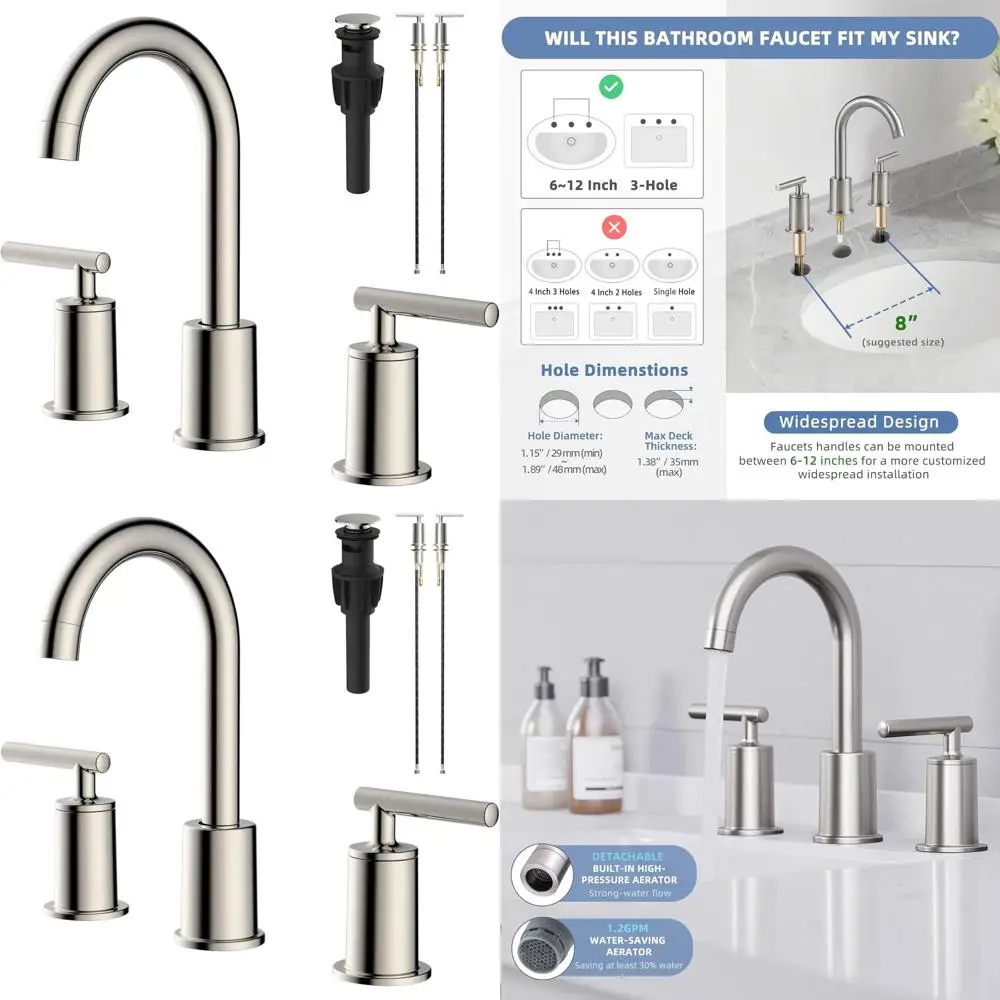 

3-Hole Brushed Nickel Widespread Bathroom Sink Faucet with 2 Handles, 8 Swivel Spout, Easy Install, Hose & Drain Included