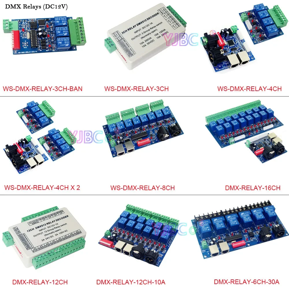 

12V DC RGB RGBW DMX512 Decoder Relays LED Controller 3CH/ 4CH/6CH/8CH/12CH/16CH Channels Relay switch XRL RJ45 For Lamp Light