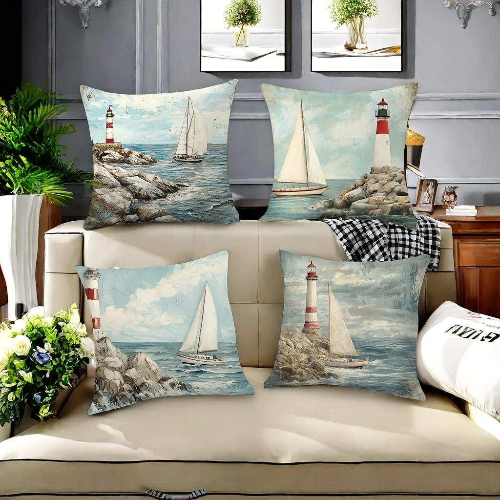 1PC 2D Flat Nautical Lighthouse Sailboat Throw Pillow Covers Vintage Coastal Ocean Home Decor Non-real Embroidery