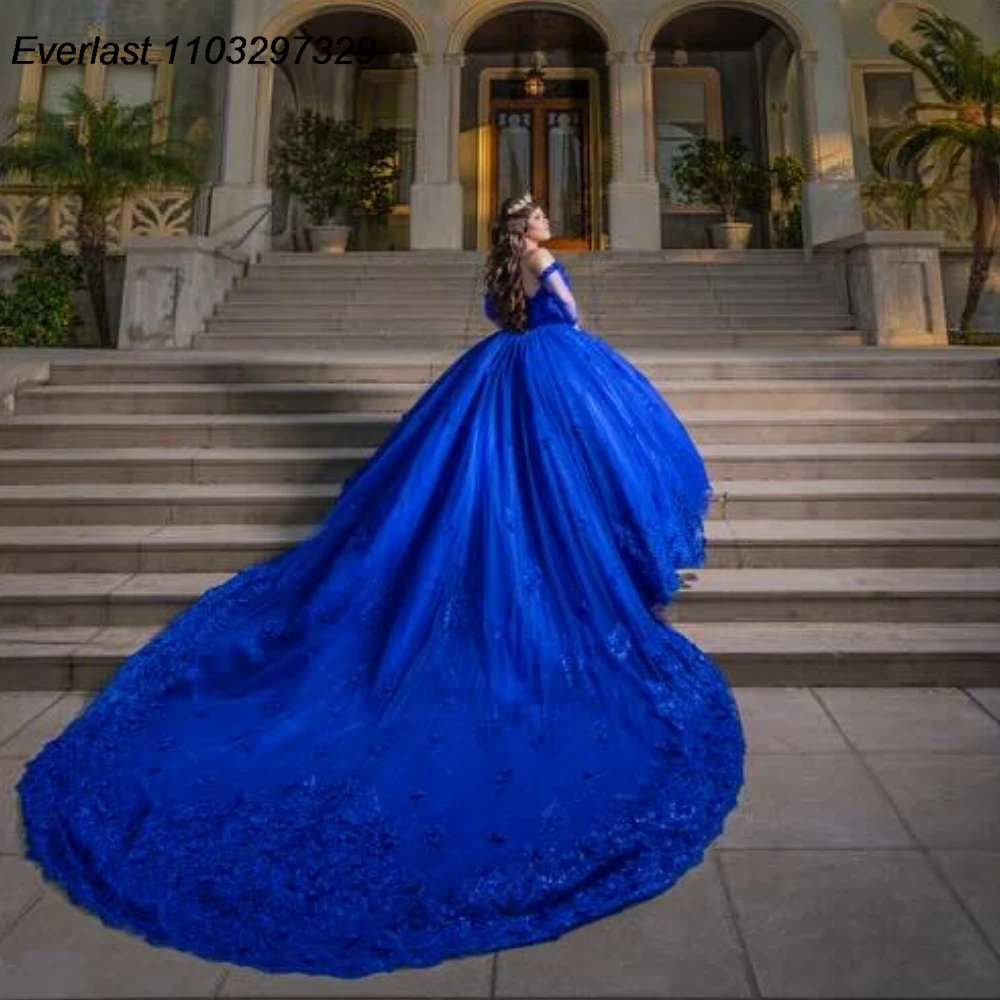 EVLAST Customized Royal Blue Quinceanera Dress Ball Gown Floral Lace Applique Beading Corset Sweet 16 Vestido De 15 Anos TQD981