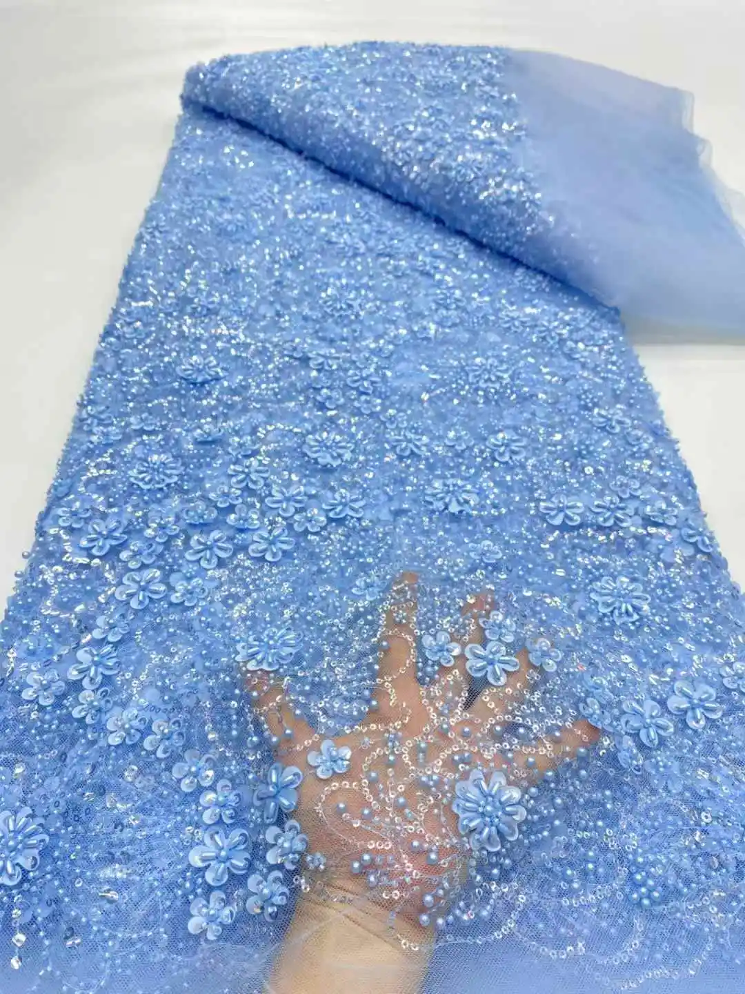 Latest French Mesh Lace Beads Fabric High Quality African Nigerian Tulle Mesh Lace Luxury Wedding Dresses For Women-DP