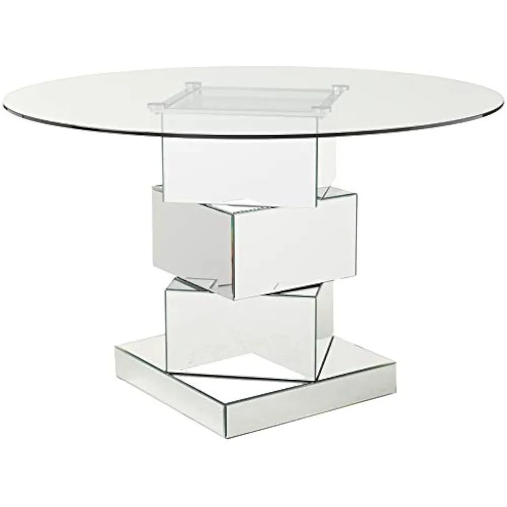 Haven Collection Modern Contemporary Mirrored Dining Table with Round Tempred Glass Top