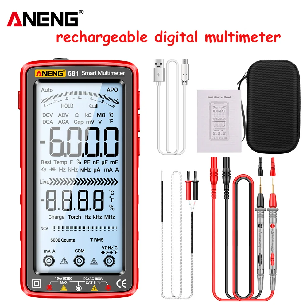 Aneng 681 Inteligente Anti-burn Recarregável Multímetro True Rms Multímetro Testador de Tensão hz Ohm Diodo Medidor com Tela Lcd Bainha
