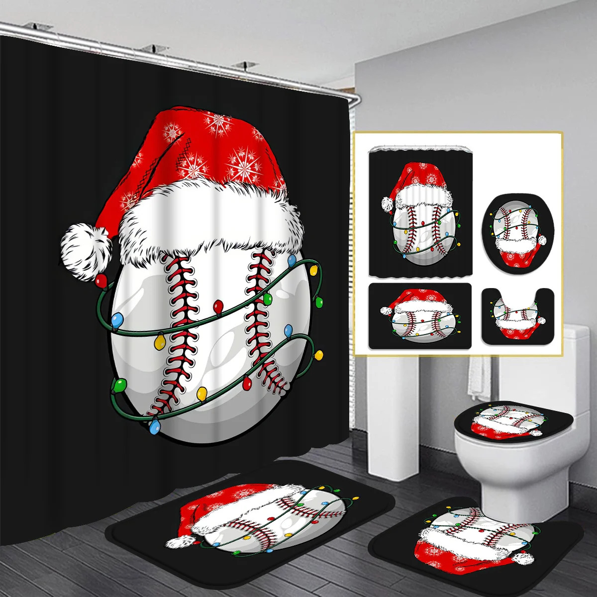 Baseball-Themed Christmas Shower Curtain Set with 12 Hooks - Polyester, Non-Slip Bath Mat, U-Shaped Toilet Mat & Lid Cover