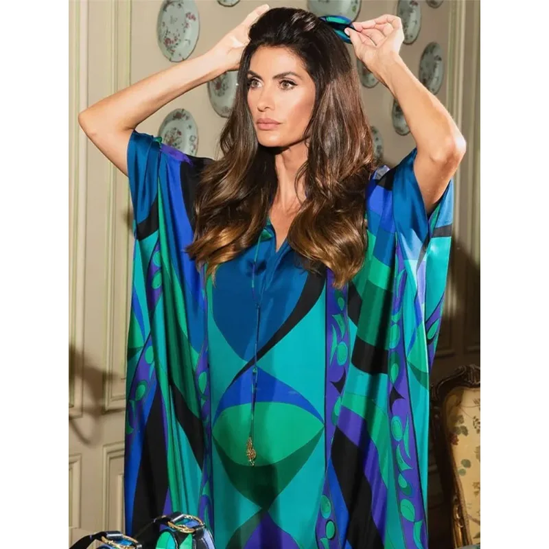 

Floral Printed Long Dress For Women Fashion V-neck Half Sleeve Oversized Maxi Dress Lady Chic Vacation Vestidos