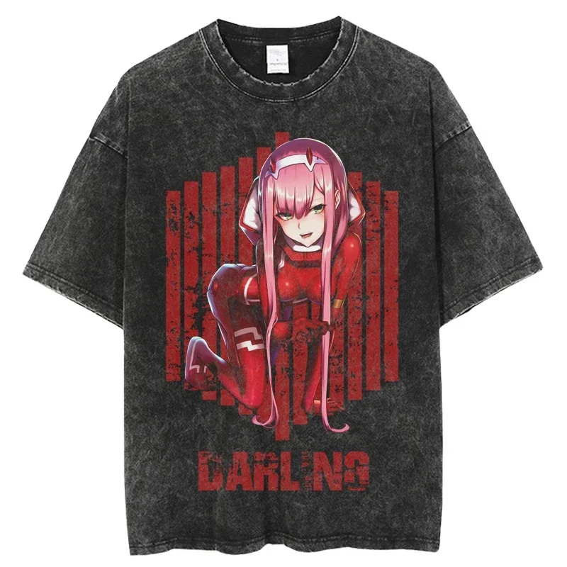 

Darling in the FranXX TShirts Men Washed Tshirt Japanese Anime Print T-Shirt Women Vintage Casual Short Sleeve Streetwear