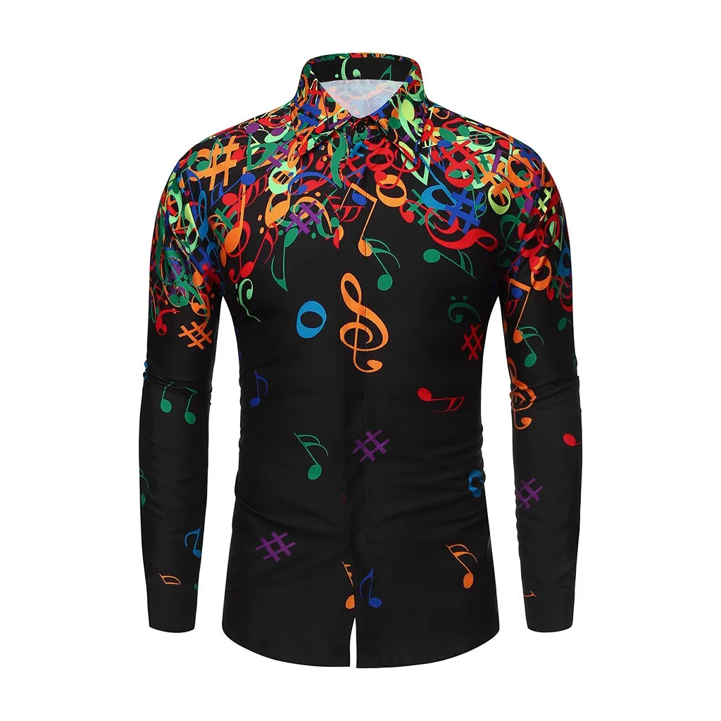 Men Casual Shirt Novelty Musical Note Pattern Harajuku Autumn Fashion Blouses Long Sleeve Design Slim Fit Top