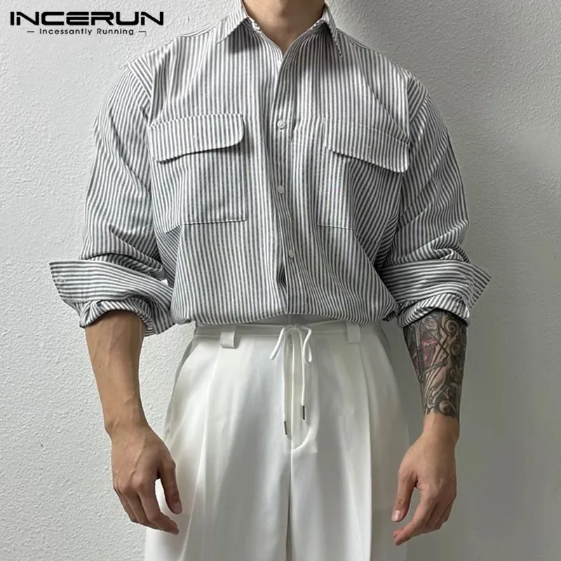 INCERUN Tops 2024 Korean Style Men\'s Double Pocket Design Striped Shirts Fashion All-match Solid Lapel Long Sleeved Blouse S-5XL