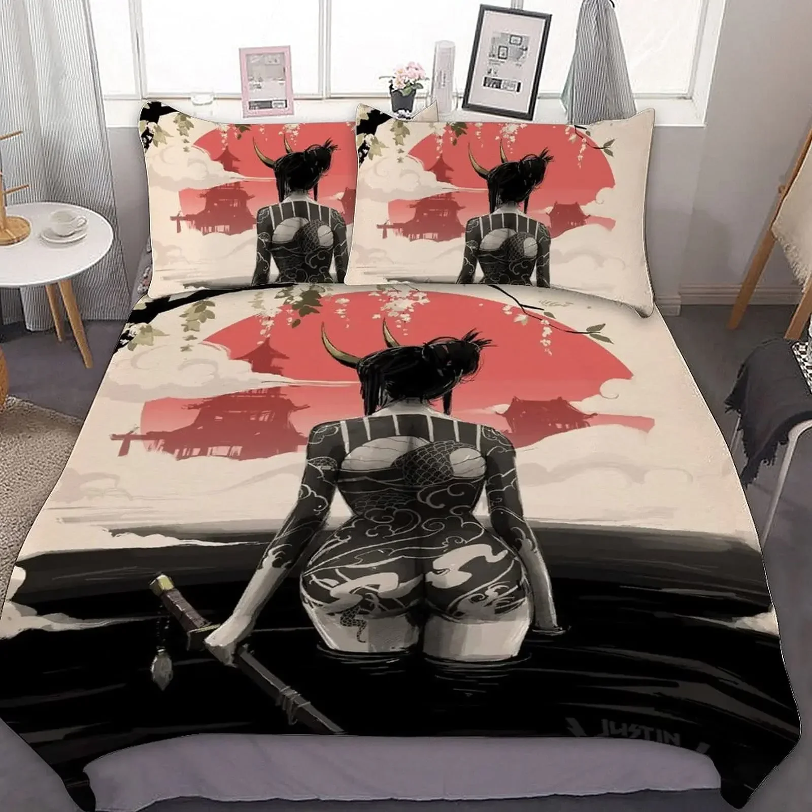 

Japanese Samurai Bedding Set, Japan Sunset Landscape Building Silhouette Duvet Cover For Men Teens, Black Red Bedroom Decor