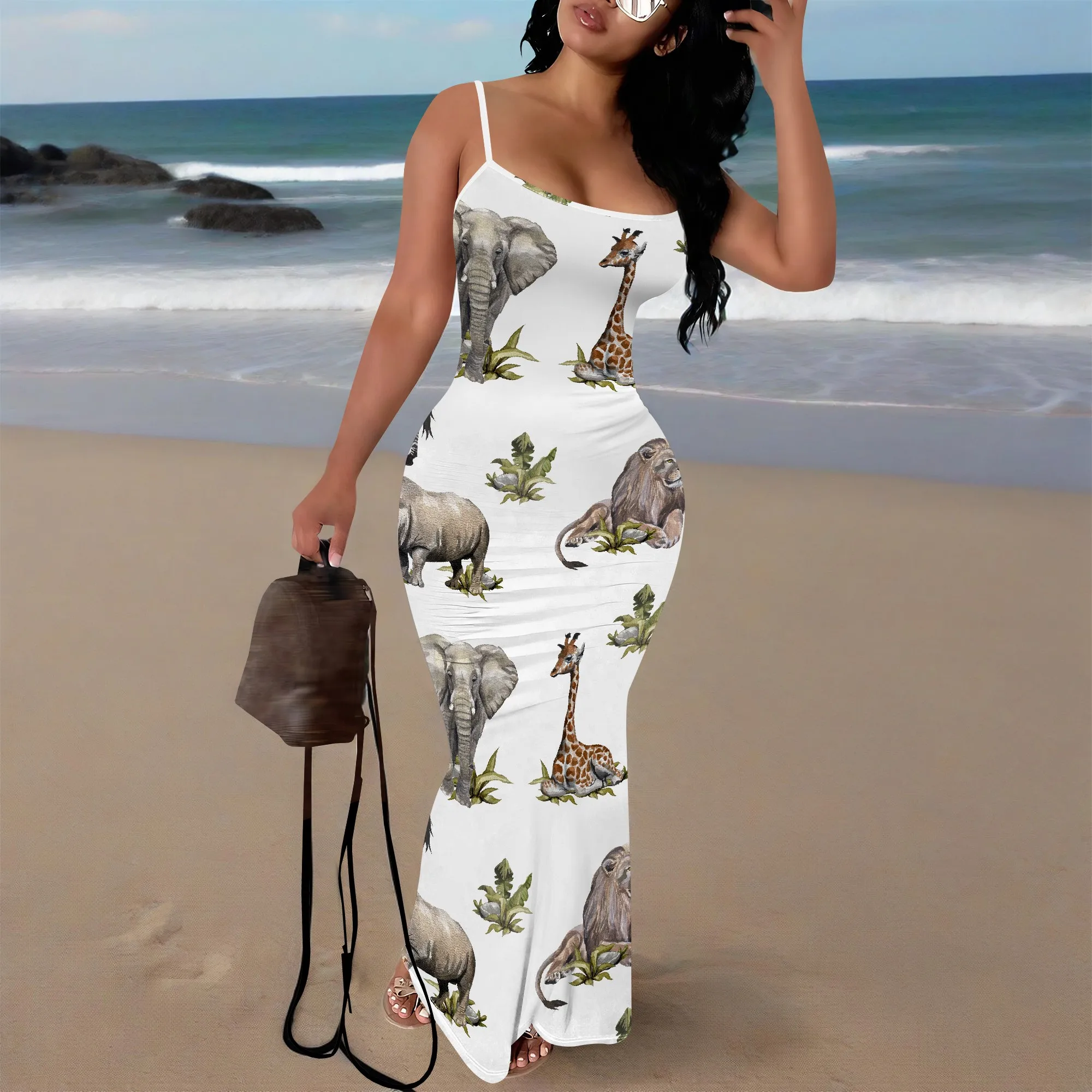 

Women's Summer Maxi Dress Wild Animal Print Bodycon Sling Long Beach Sundress XS-3XL