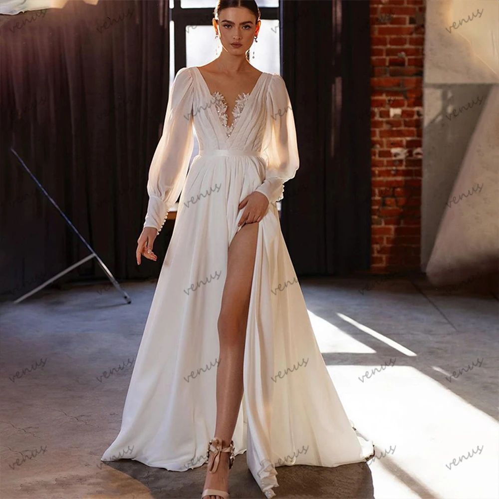 Charming Wedding Dresses A-Line Bridal Gowns Sexy Deep V-Neck High Slit Robes For Formal Party Chiffon Vestidos De Novia 2024