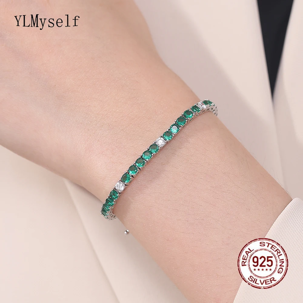 Fine Jewelry 3MM Emerald Green Mix White Cubic Zircon 16/17/18 CM Chain Real Rhodium Plated Tennis Bracelet Silver 925