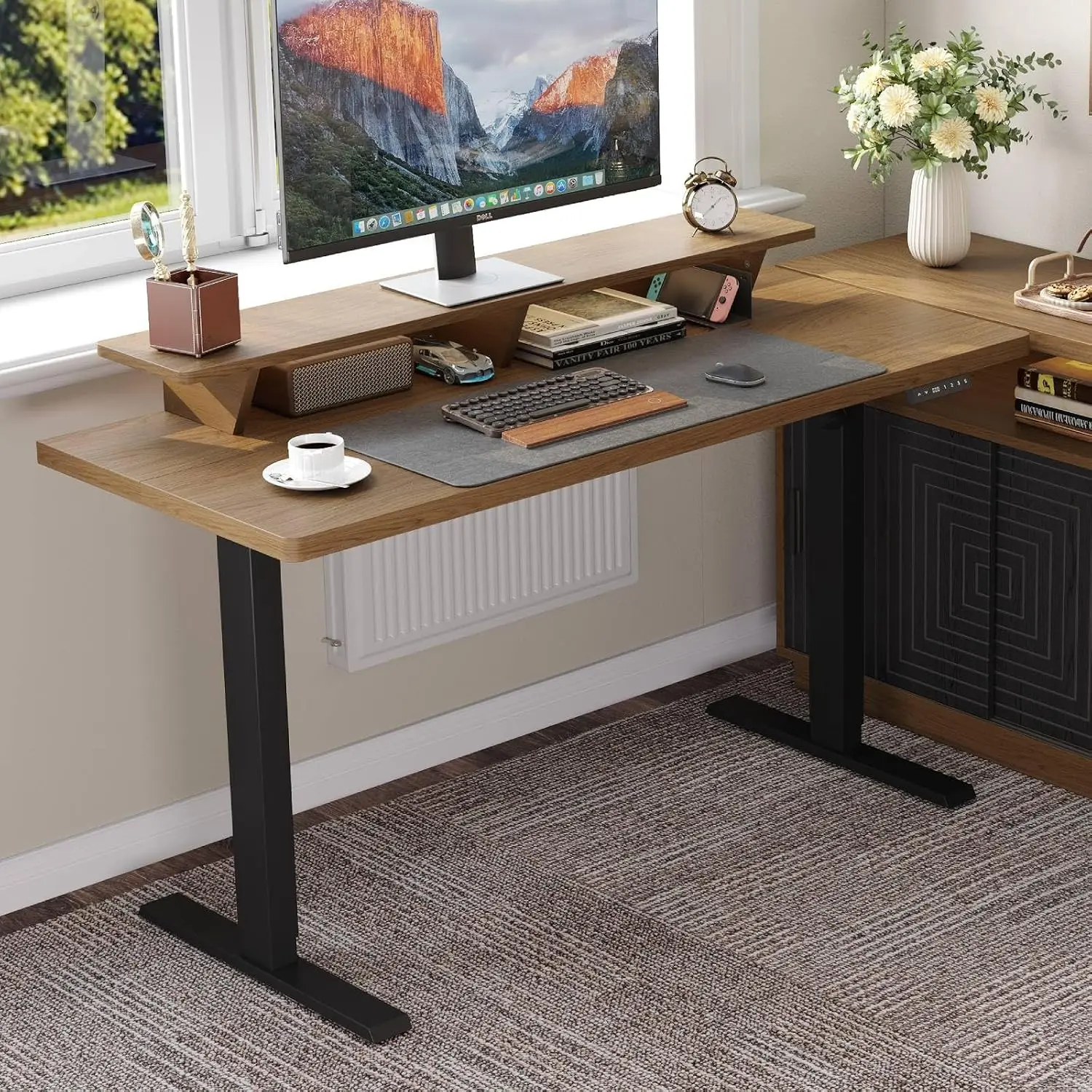 Standing Desk With Adjustable Monitor Shelf 55x24 Inch Oak, Customized