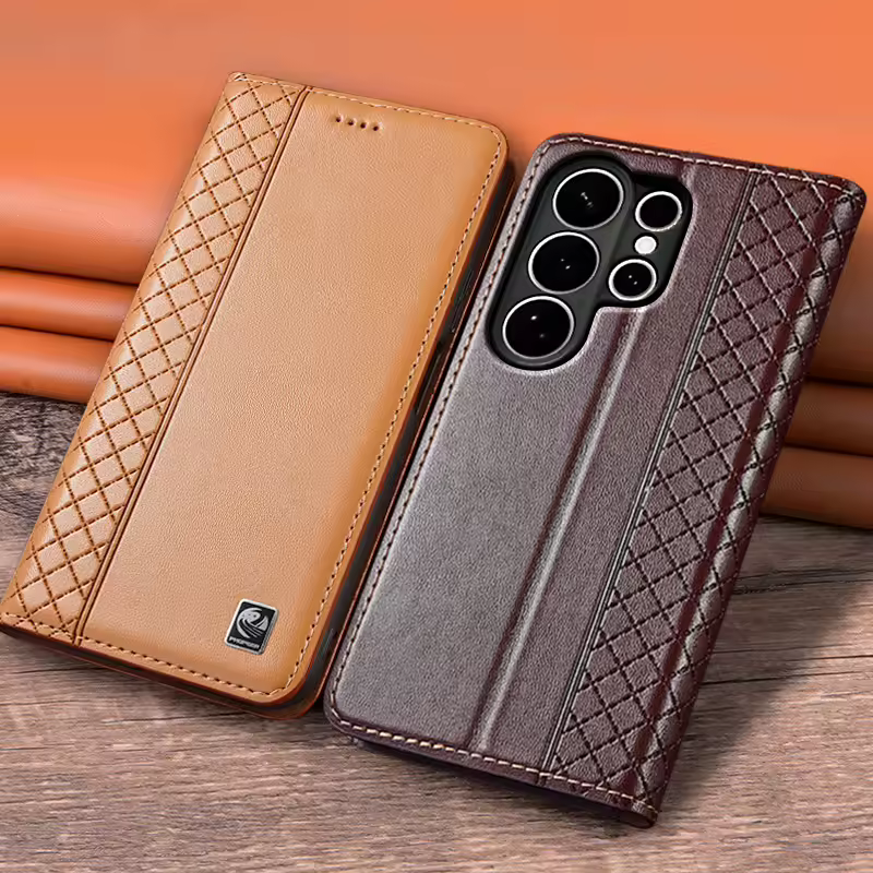 Чехол-книжка для SAMSUNG Galaxy S26 S25 S24 S23 Ultra Plus FE 5G, натуральная кожа, магнитная застежка, кожаный чехол-портмоне с сетчатым рисунком.