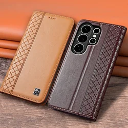 Flip Case For SAMSUNG Galaxy S26 S25 S24 S23 Ultra Plus FE 5G Genuine Leather Magnetic Cover Cowhide Grid Pattern Wallet Cases