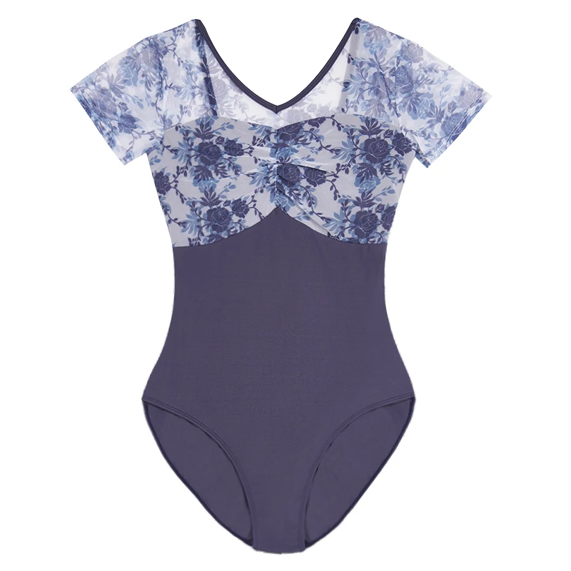 Woman Ballet Leotards Floral Fake Two-pieces Dance Leotards V Neck Mesh Splice Short Sleeve Gymnastic Leotard Ballet Bodysuit