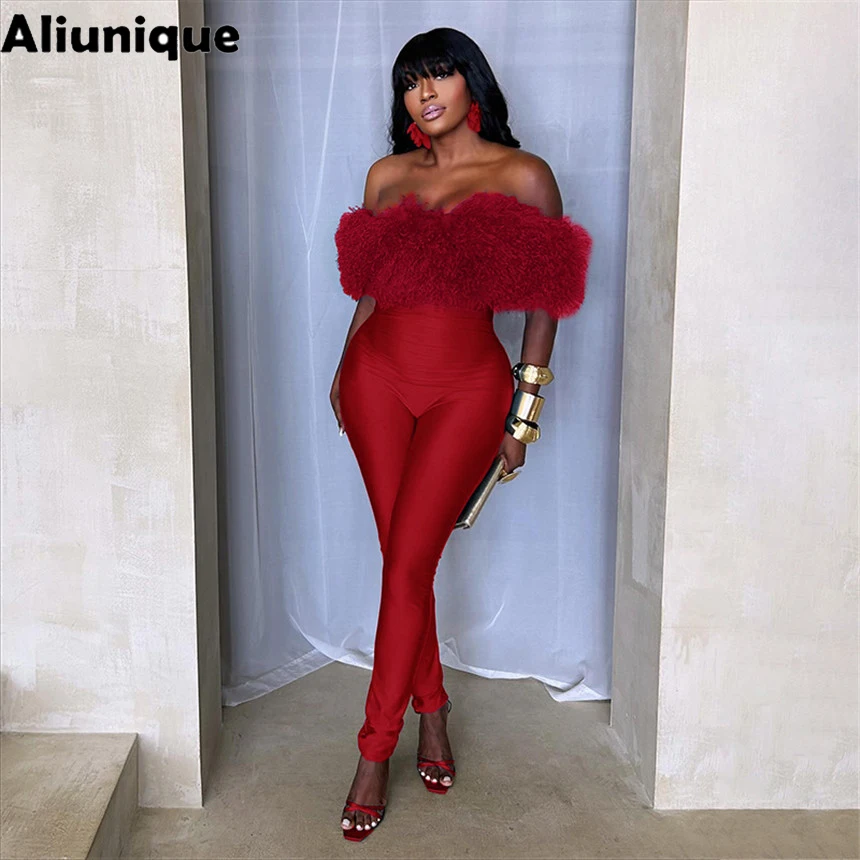 

2026 Sexy Fur Patchwork Bodycon Jumpsuits Woman Solid Color Off Showlder Long Sleeve Rompers Female Party Clubwear Overalls New