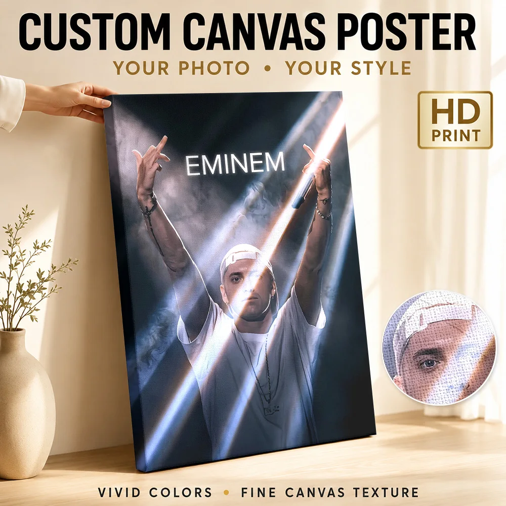 Eminem With Arms Raised On Stage Framed Canvas Print Personalized Photo Crossing Light Beams Wall Art For Music Listening Room