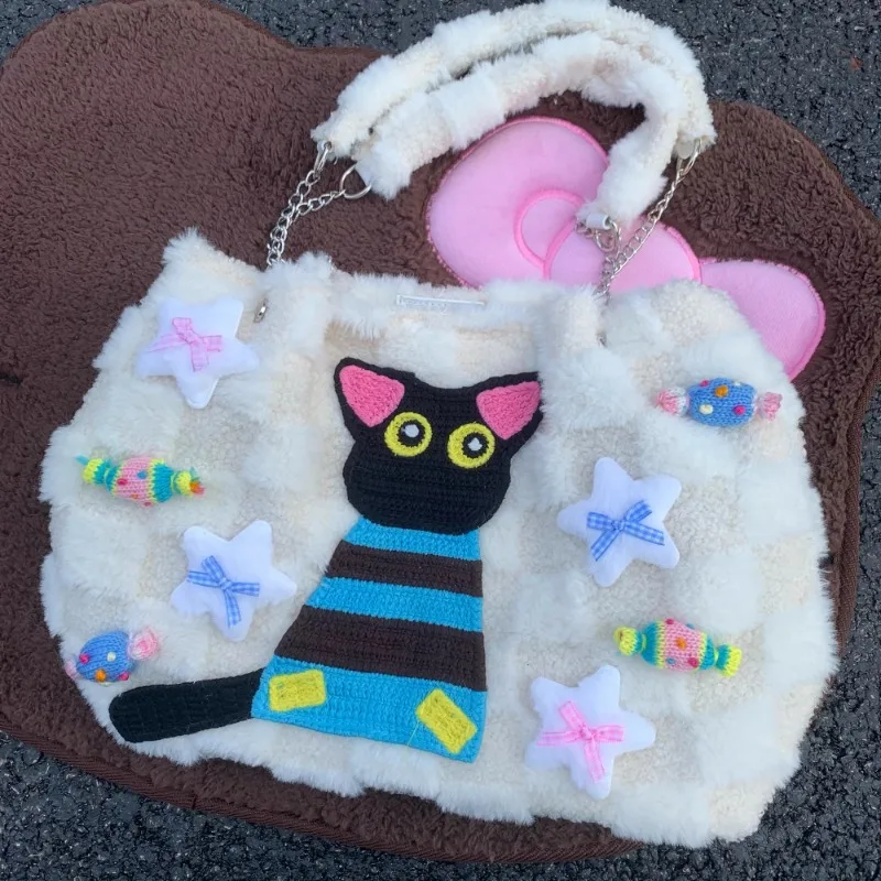 Japanese Kawaii Star Fluffy Shoulder Bags Women Sweet Cook Y2k Aesthetic Cartoon Cat Handbags Casual Fashion Cute Underarm Bag