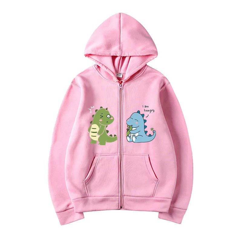 Love Crazy Dinosaur Couple Print Youth Hooded Sports Top Fleece Pullover Casual Jogging Fitness Sweatshirt