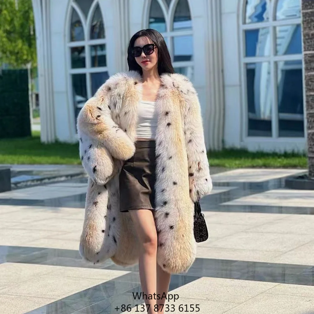 Women's Long Coat With Spotted Leopard Print & Imitation Lynx Color Fox Fur Trumpet Sleeves For Winter Casual Outerwear