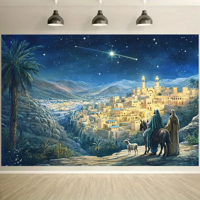 طائرة ثنائية الأبعاد قطعة واحدة معجزة عيد الميلاد: مشهد مرصع بالنجوم لبيثليهيم، يضيء زينة عطلةك! نسيج خلفية البوليستر