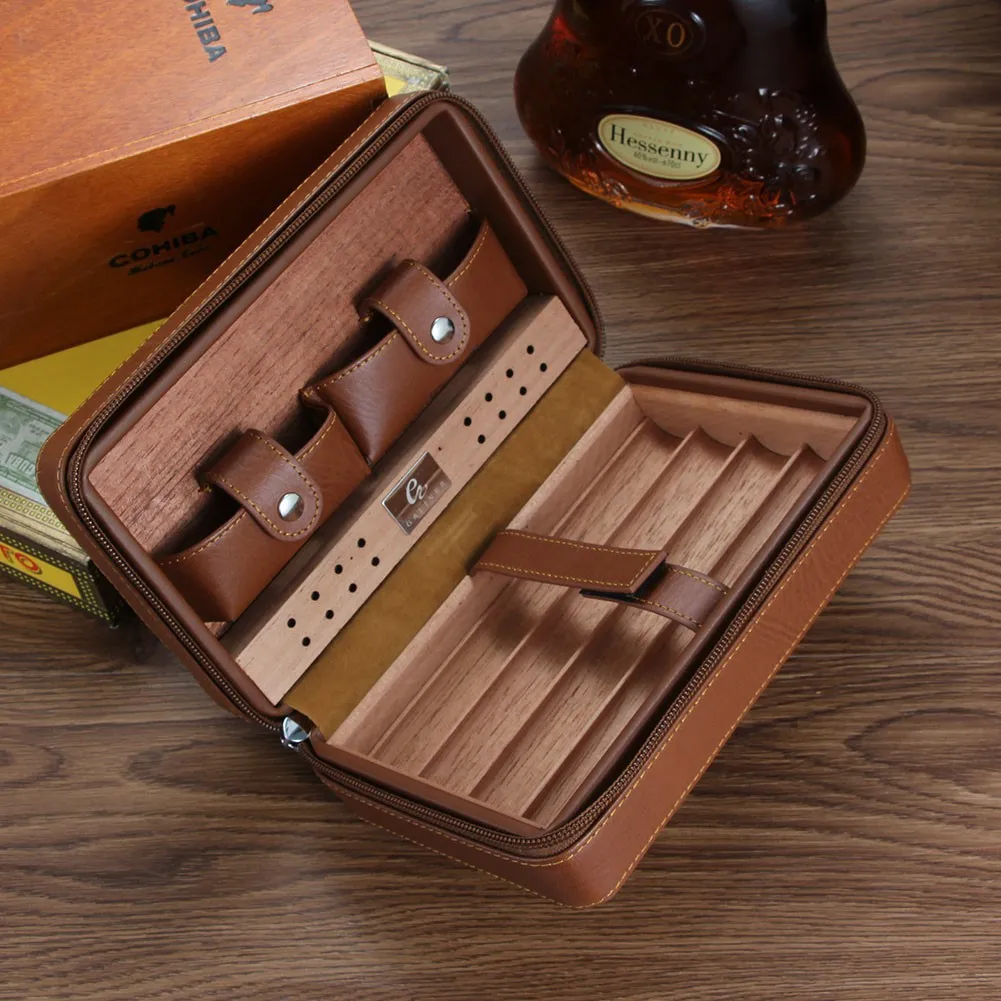 

Cigar Box Cedar Wood Moisturizer Travel Leather Case Portable Cigar Bag