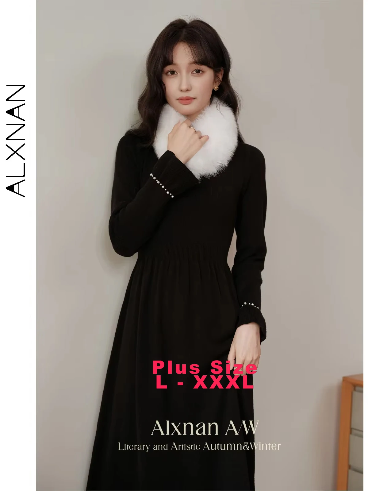 

ALXNAN Women's Plus Size Black Dresses All-match Square Collar Long Sleeve Pearl Cuff Pleated Midi Dress 2024 Fall Winter D07778