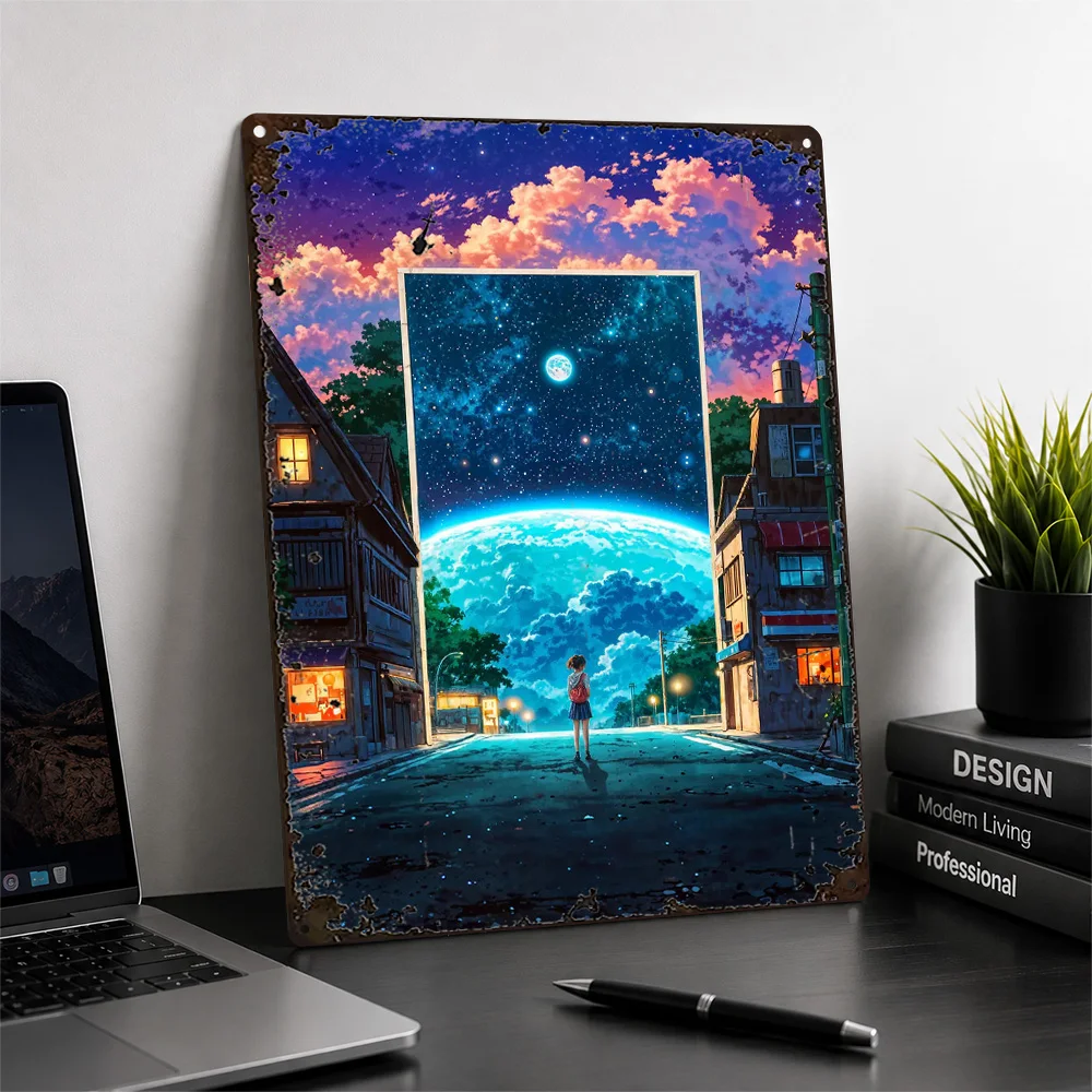 Cosmic Doorway Above Town Aluminum Poster Surreal Wall Art For Living Room Or Bedroom Customized Metal Sign Science Fan Gift