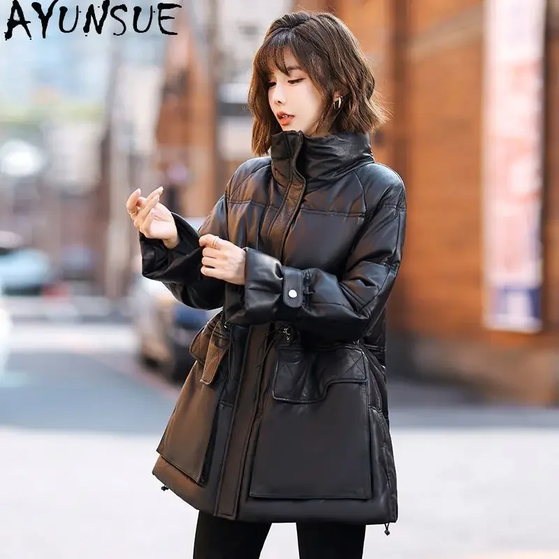 AYUNSUE-Chaqueta de piel de oveja auténtica Para mujer, abrigo holgado con cuello levantado, moda de invierno