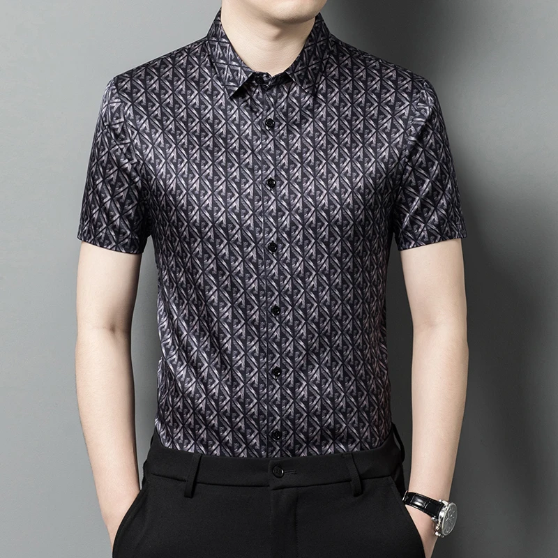 

European Style High-End Men Shirt Real Silk Short Sleeved Print Summer Quality Soft Comfortable Fashion Luxury Camisas De Hombre