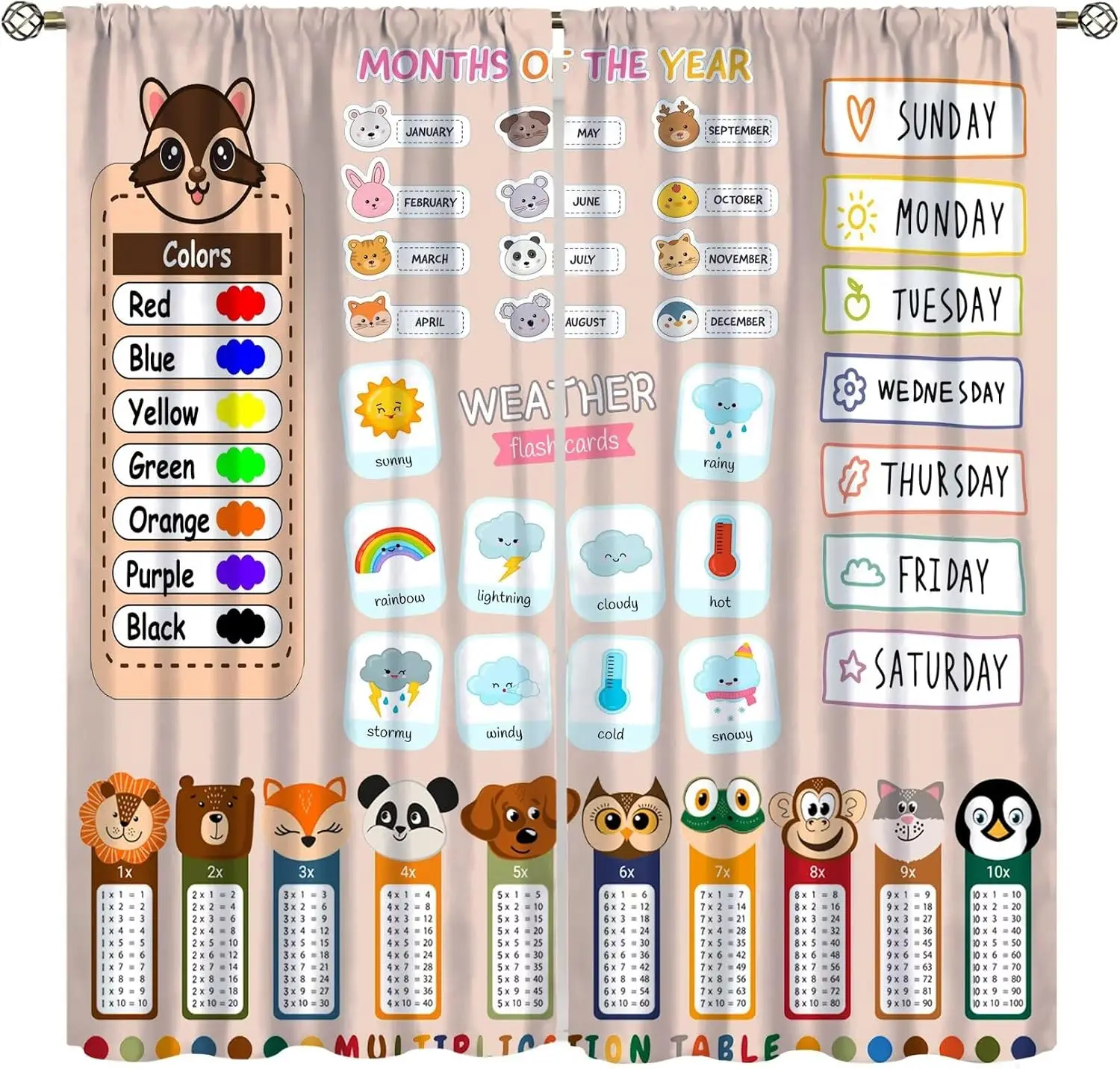 Learning Educational Curtain 2 Panels, Multiplication Table Month Animal Allover Beige Print, Curtains for Kids Home Curtain