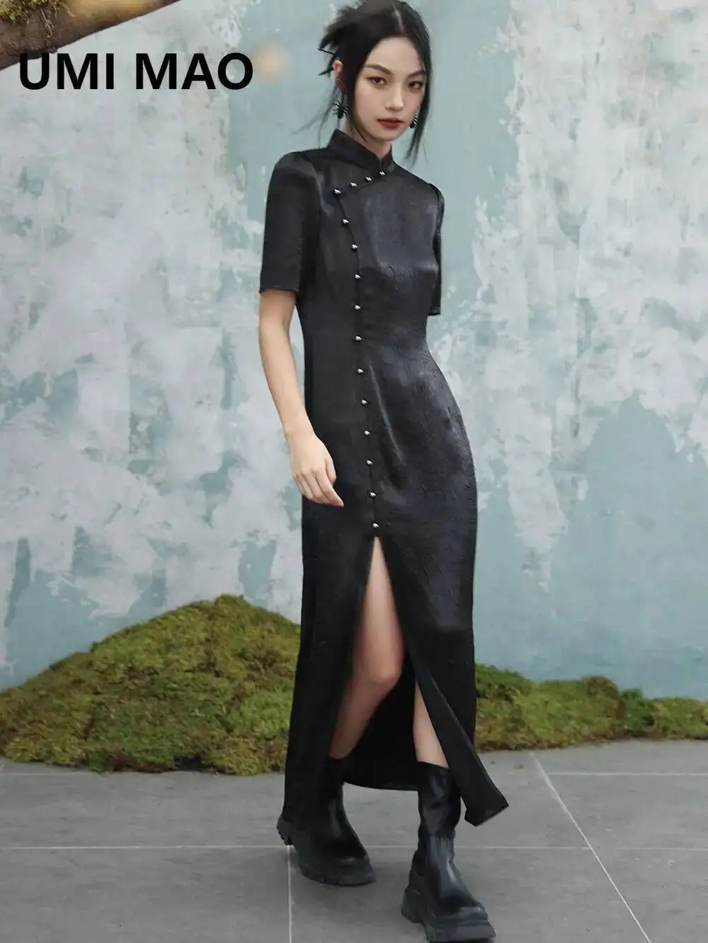 Vestido Cheongsam mejorado UMI MAO, elegante para mujer, novedad de verano, vestidos largos con abertura y manga corta con cuello levantado oscuro para mujer Y2K