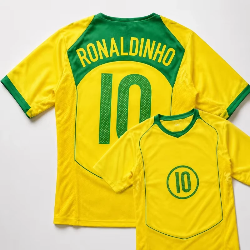 Men Brazil National Team Retro Football Jersey Ronaldinho 10 Short Sleeve Breathable Vintage Match Training Sport Shirt