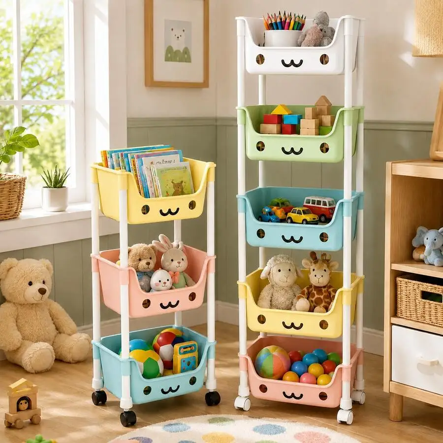 1PC 3/5-Tier Colorful Cute Face Kids Storage Cart, Kids Toy Organizer With Wheels, Multifunctional Easy Assembly Movable Trolley
