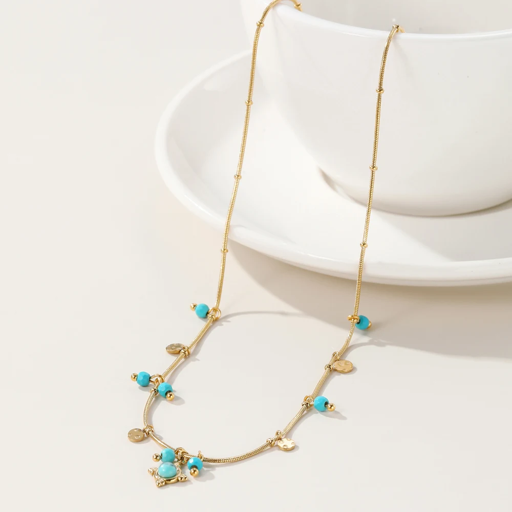 YACHAN 18K Gold PVD Plated Stainless Steel Chain Necklace for Women Turquoise Natural Stone Round Tap Texture Waterproof Jewelry