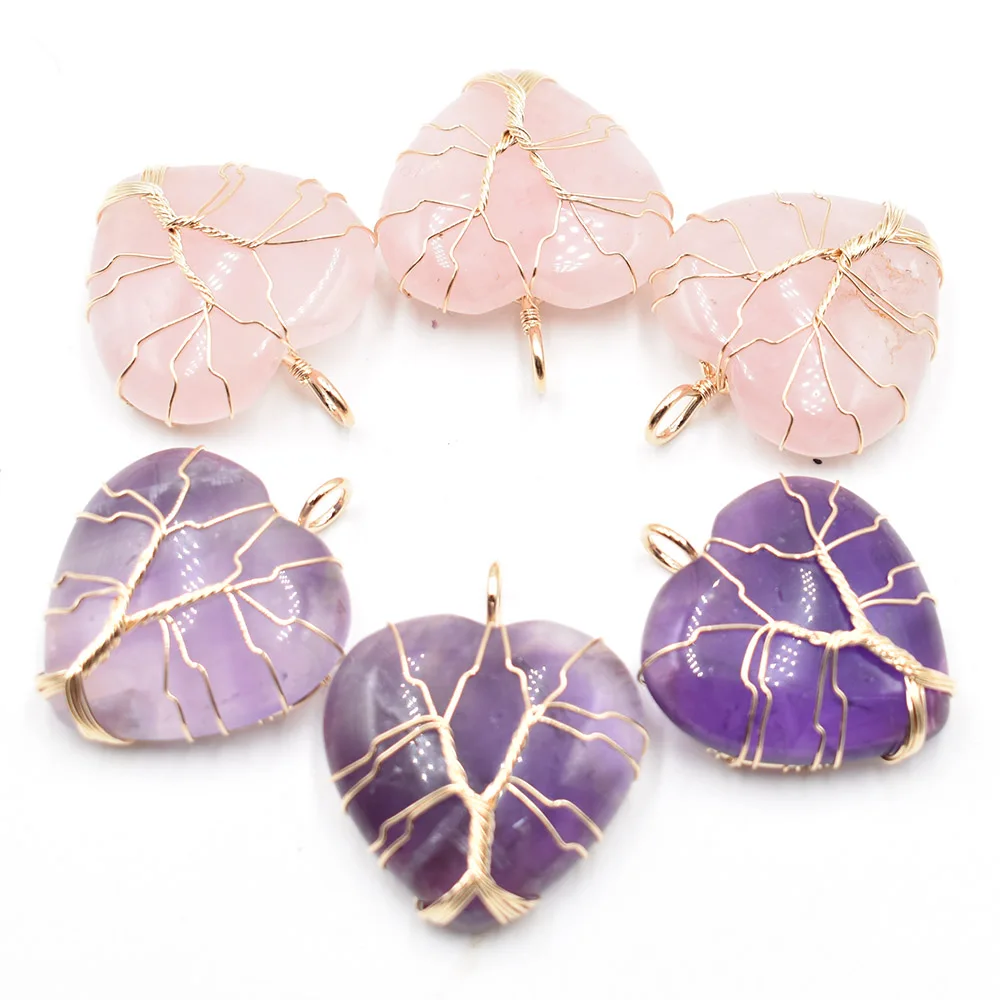 Wholesale 6pcs/lot good quality white Color Wire Wrap handmade tree of life heart shape natural stone roses quartz pendants