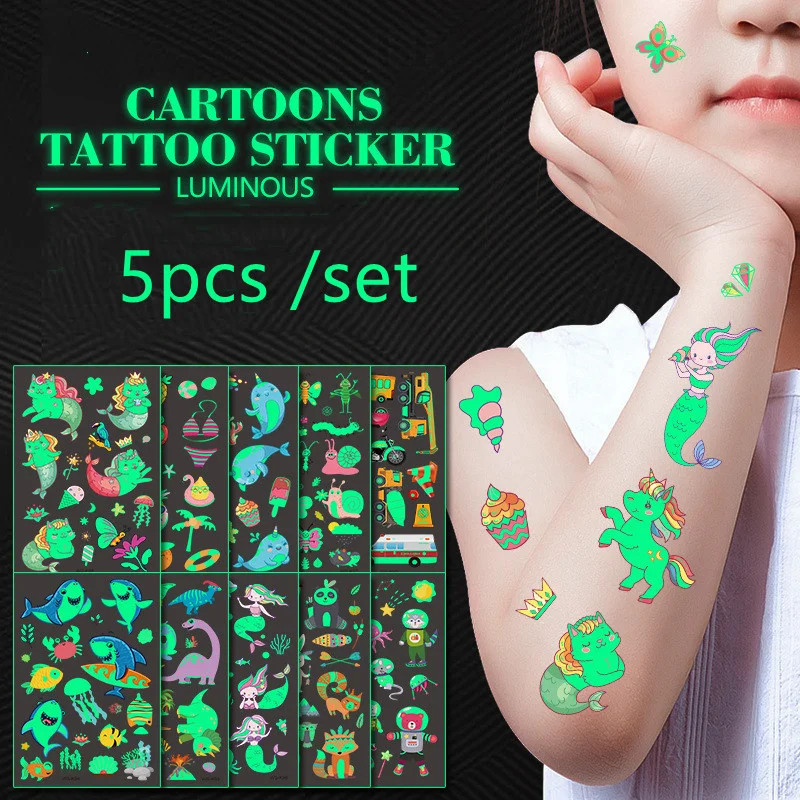 5pcs/lot Luminous Tattoo Child Cute Sticker Body Tattoo for Kids Face Temporary Racing Robot Mermaid Watch Tattoo Glow At Night