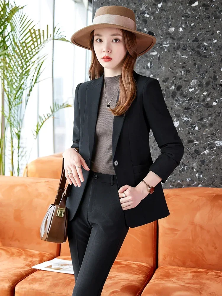 Office Ladies Formal Pant Suit Women Female Business Work Wear 2 Piece Set Pink Purple Green Red Navy Solid Blazer And Trouser