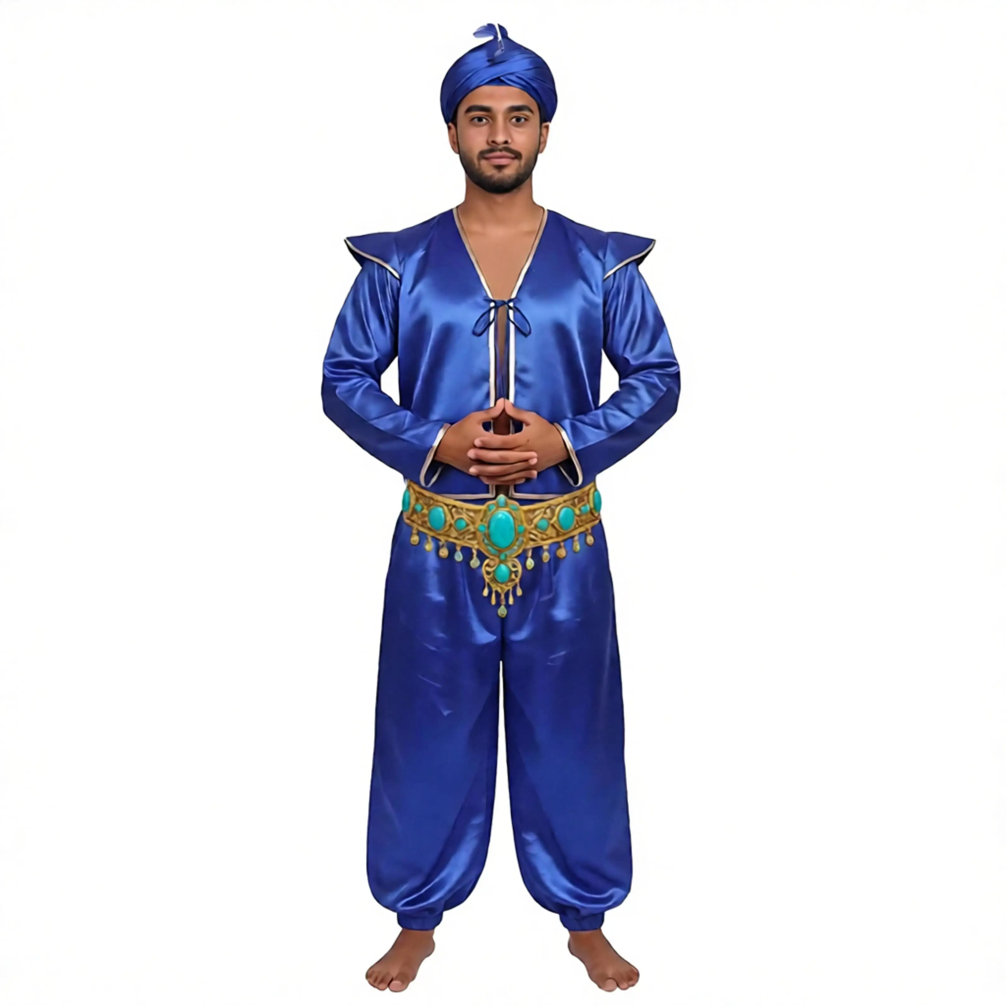 Men Arabian Prince Cosplay Outfit Fly Sleeve Metallic Trim Satin Vest with Short Pants for Halloween Carnival Medieval Costume