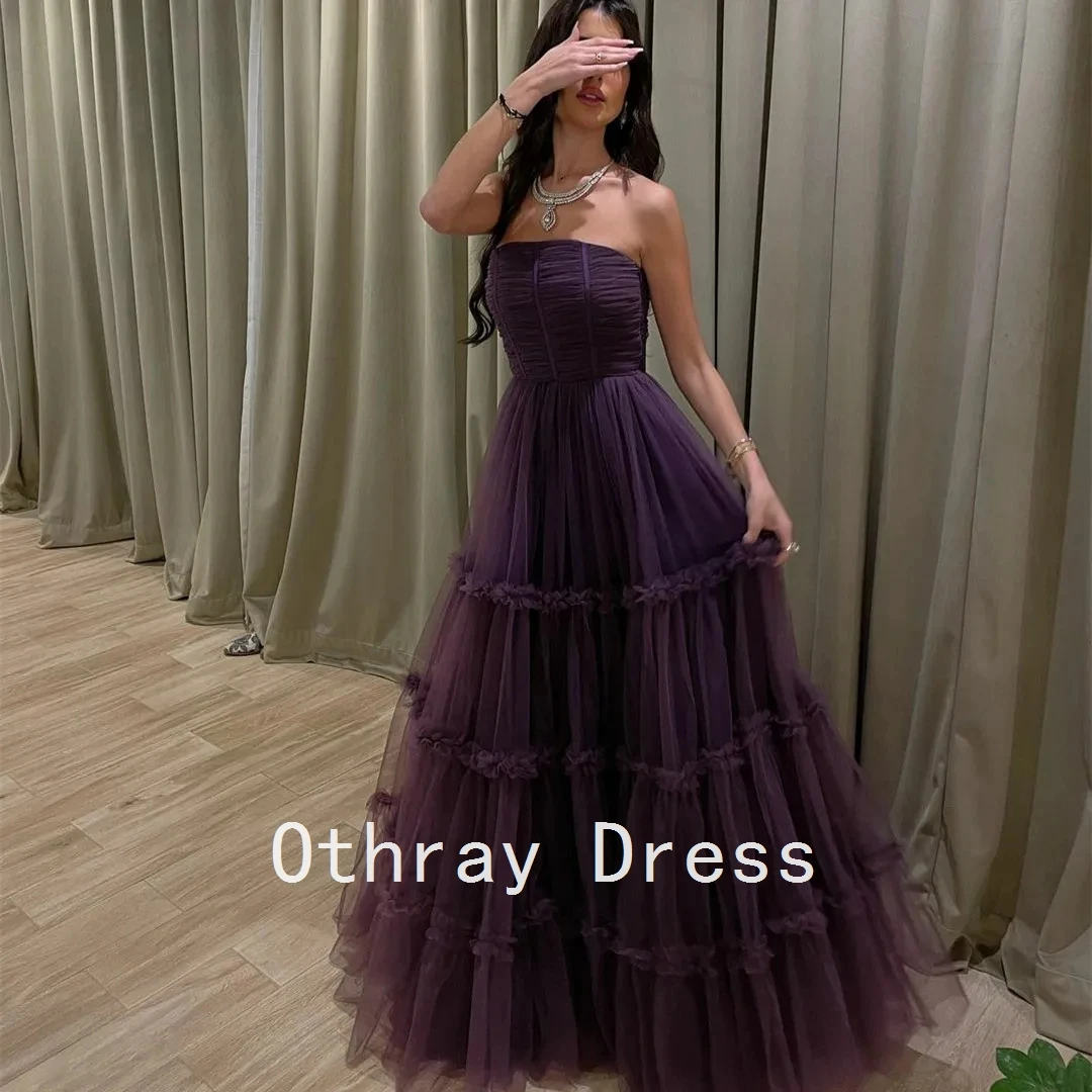 Women's Grape Tulle Long Prom Dress with Train Illusion Strapless Open Back Wedding Guest Dress Pleated A-Line vestido de gala