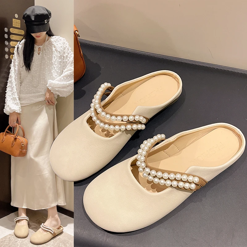 

2024 New style dress with toe wrapped half slippers for summer pearl soft soled flat shoes, fairy style cool slippers for women