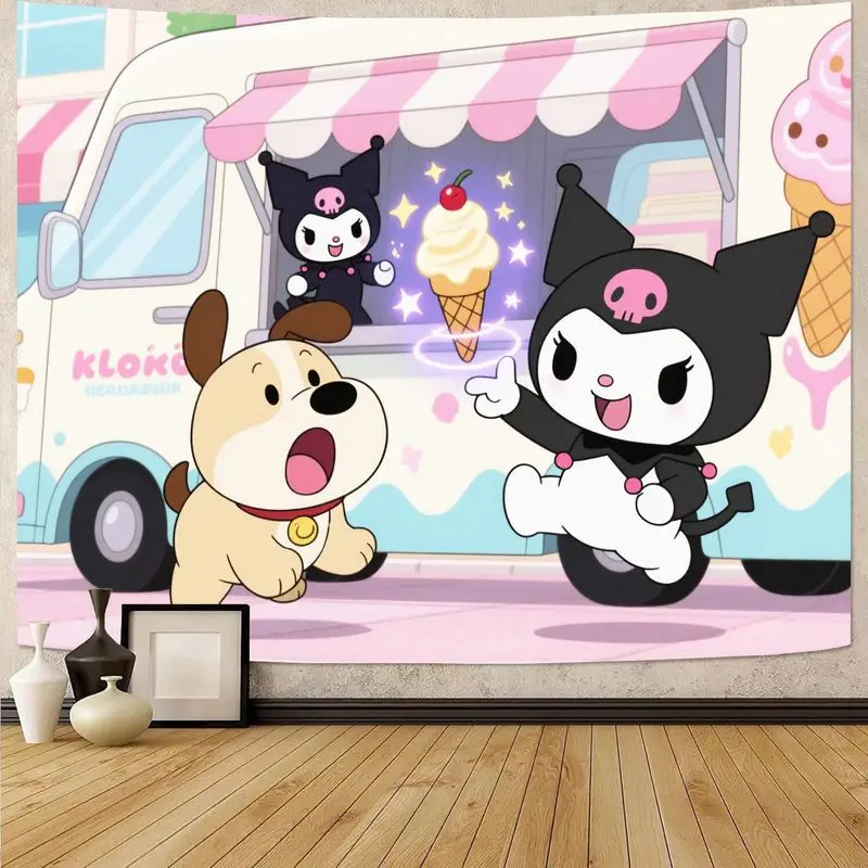 

Гобелен Sanrio Kuromi для магазина мороженого, настенное искусство Kawaii с милой собакой, пастельный декор для спальни в стиле аниме для девочек, подарок.