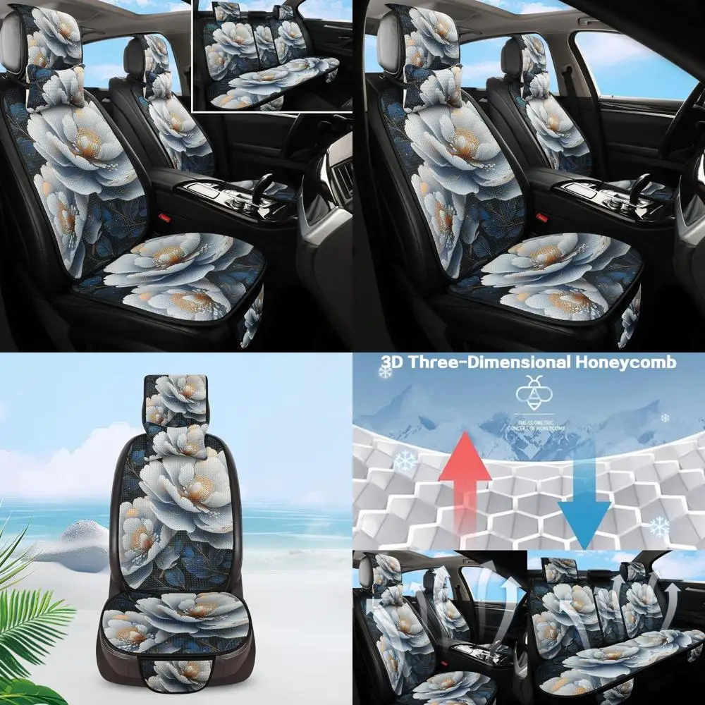 

Universal 5-Seat Car Seat Cover Set with Headrests, White Peony Floral Honeycomb Knit, Breathable All-Season Protection