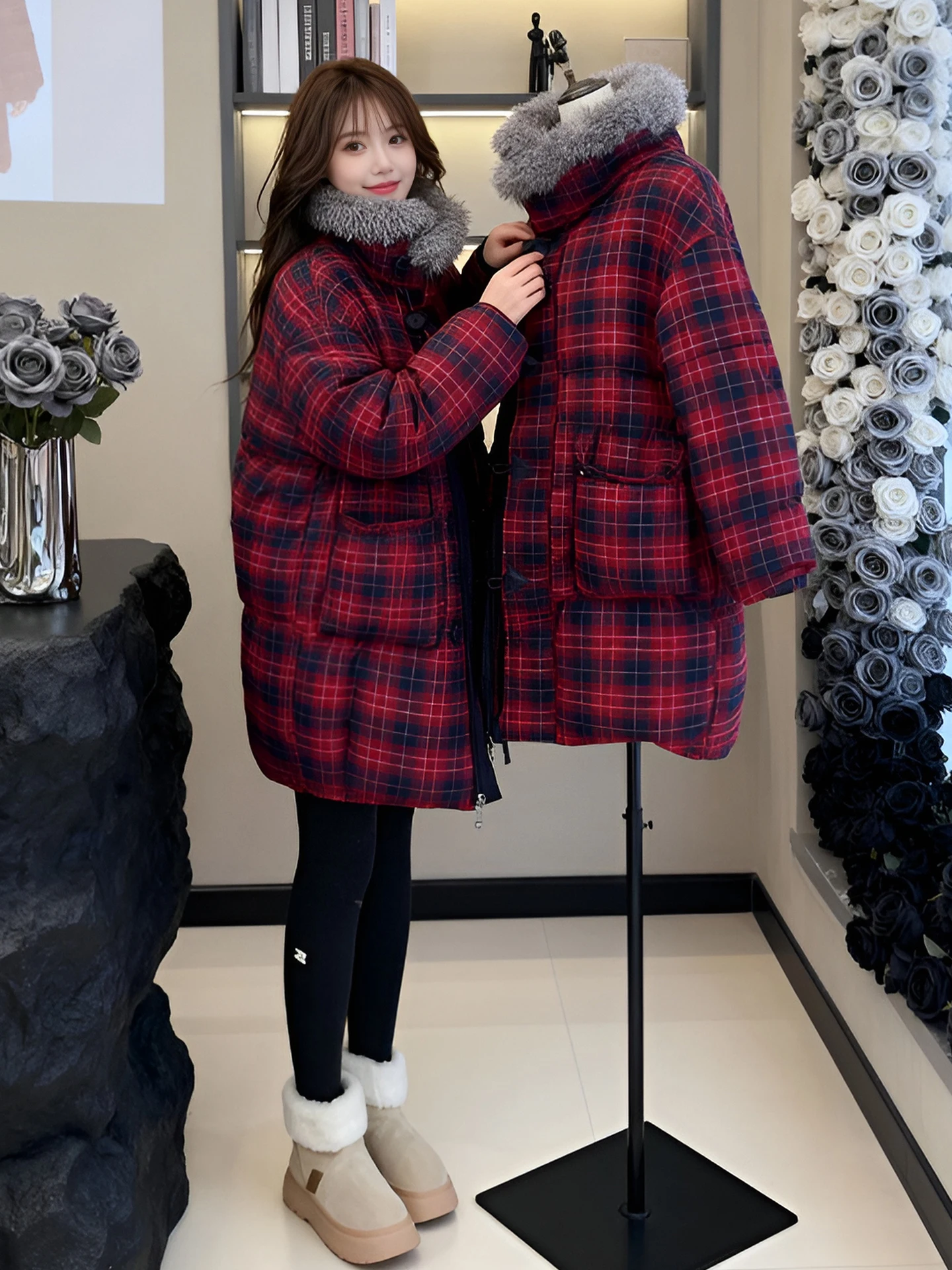 

Утепленная хлопковая куртка с пышным воротником, женская модная двусторонняя куртка в клетку, новинка зимы, теплая, средней длины, свободного кроя